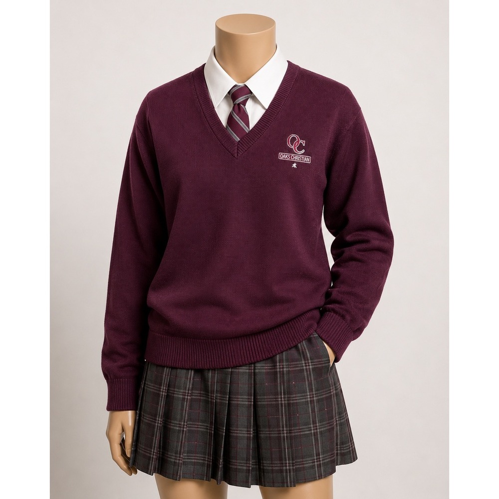 Mills Uniform Company Oaks Christian School V-Neck Sweater Maroon Teen Small